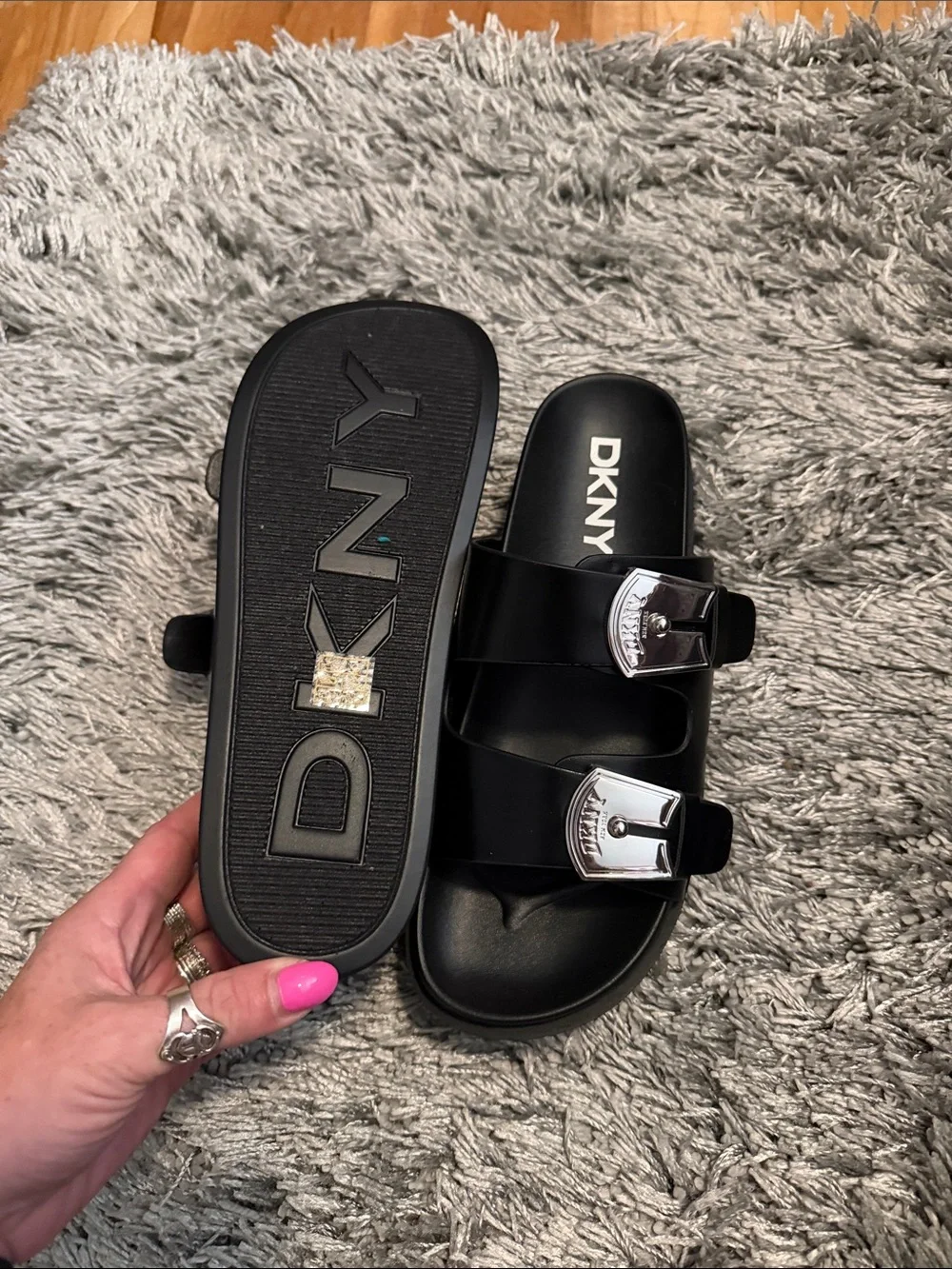 DKNY Black Platform Slide Sandals with Silver Buckles